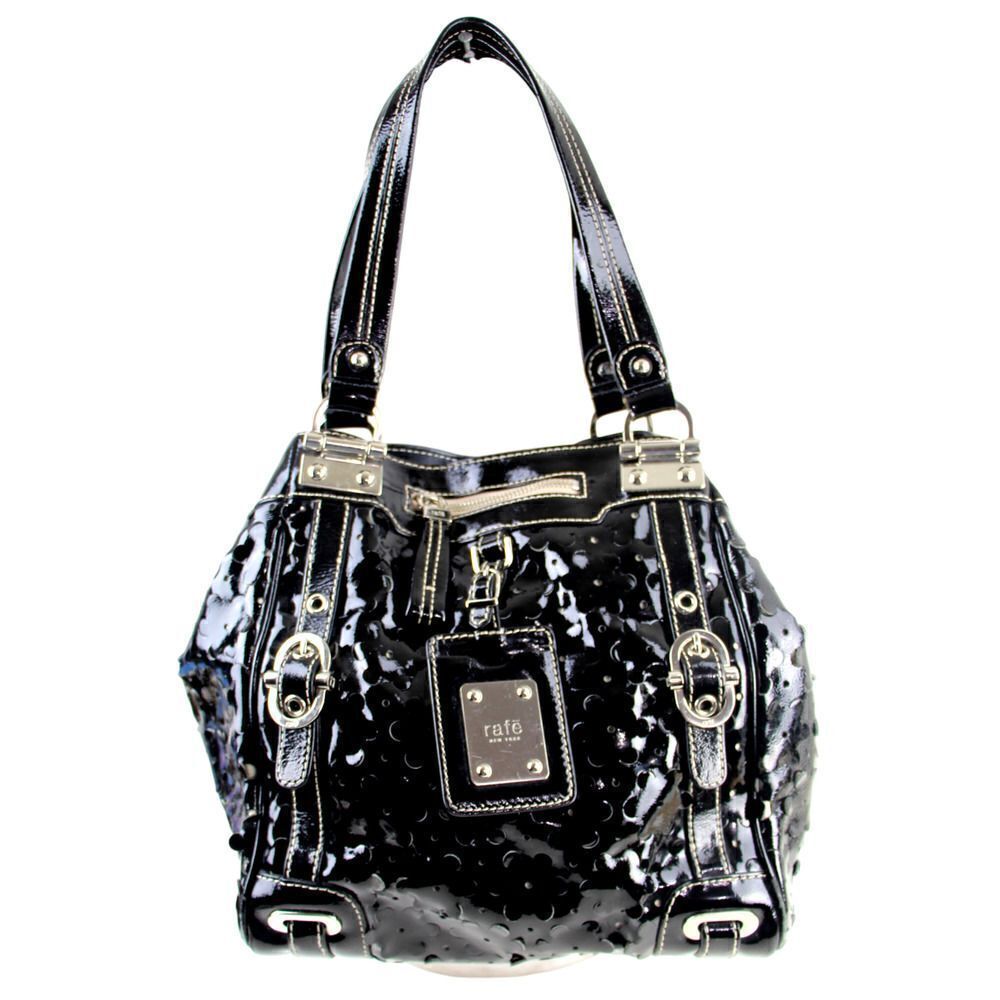 Rafe PERFORATED PATENT BLACK GENUINE LEATHER TOTE SHOULDER BAG HANDBAG PURSE